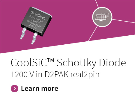 Promotion banner for CoolSiC Schottky Diodes 1200V in D2PAK real2pin packaging.  