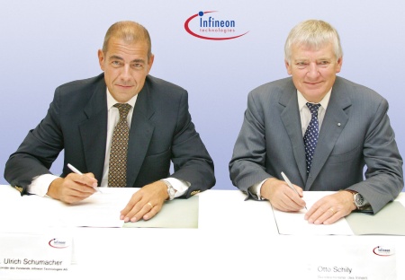 On June 30, 2003, Minister Otto Schily (r.) of the German Federal Ministry  of the Interior (Bundesministerium des Inneren, BMI)  and Dr. Ulrich  Schumacher (l.), President and CEO of Infineon Technologies AG, signed the  "Memorandum of Understanding" to initiate a far-ranging security cooperation between BMI and Infineon in Munich. The cooperation aims at establishing a sound technology basis for an enhanced security level in Information Technology (IT) systems that are used in the Civil Service, in private companies and households.