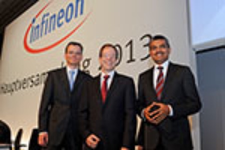 Der Vorstand der Infineon Technologies AG: Dominik Asam, Finanzvorstand; Dr. Reinhard Ploss, Vorstandsvorsitzender; Arunjai Mittal, Mitglied des Vorstands (v.l.n.r.)
