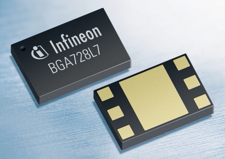 With only 2 mm x 1.3 mm x 0.4 mm in size Infineon's BGA728L7 is one of the industry's smallest broadband LNAs for portable and mobile TV applications. Additionally,  it is the first mobile TV LNA worldwide to support 1.8V, 2.8V and 3.3V operations. It is optimized for a wide frequency range covering VHFIII, UHF and L bands, and offers dual modes (high-gain mode and low gain mode).