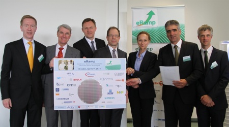 From left to right: Prof. Wolf-Dieter Lukas, department head at the German Federal Ministry of Education and Research (BMBF); Dr. Andreas Wild, Executive Director ENIAC Joint Undertaking; Helmut Warnecke, Managing Director Infineon Technologies Dresden GmbH; Dr. Reinhard Ploss, CEO of Infineon Technologies AG; Sabine von Schorlemer, Saxon State Minister for Higher Education, Research and the Arts; Pantelis Haidas, Managing Director Infineon Technologies Dresden GmbH; Dr. Oliver Pyper, Project Leader eRamp, Infineon Technologies Dresden GmbH