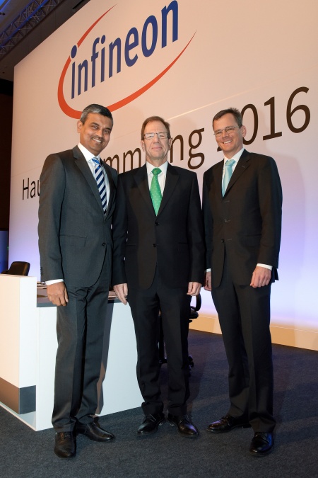 The Executive Board of Infineon Technologies AG at the Annual General Meeting 2016: Arunjai Mittal, Dr. Reinhard Ploss and Dominik Asam (from left to right).