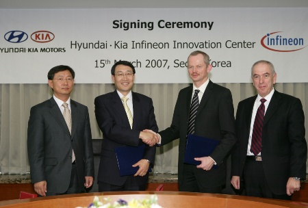 (from the left)Woong-Chul YANG, Vice President of Hyundai-Kia Electrics Development Center, Dr. Hyun-Soon LEE, President of Hyundai-Kia R&D Division, Peter BAUER, Member of the Management Board, Executive Vice President, Head of Automotive, Industrial and Multitasked business group at Infineon, Claus GEISLER, Senior Vice President and General Manager, Automotive Power, Infineon <br><br>(von links) Woong-Chul YANG, Vice President Hyundai-Kia Electrics Development Center, Dr. Hyun-Soon LEE, Technologie-Vorstand und Leiter der Entwicklungsabteilung bei Hyundai-Kia, Peter BAUER, Mitglied des Vorstands und Leiter des Geschäftsbereichs Automotive, Industrial and Multimarket bei Infineon Technologies, Claus GEISLER, Senior Vice President und General Manager, Automotive Power, Infineon Technologies AG