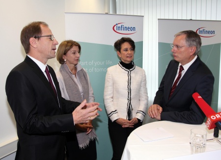 (fleft to right) Reinhard Ploss, CEO Infineon Technologies AG / Gaby Schaunig, Deputy Governor of Carinthia / Sabine Herlitschka, CEO Infineon Technologies Austria AG / Alois Stöger, Federal Minister for Traffic, Innovation and Technology