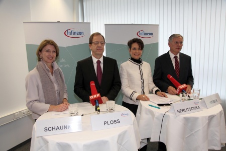 (fleft to right) Gaby Schaunig, Deputy Governor of Carinthia / Reinhard Ploss, CEO Infineon Technologies AG / Sabine Herlitschka, CEO Infineon Technologies Austria AG / Alois Stöger, Federal Minister for Traffic, Innovation and Technology
