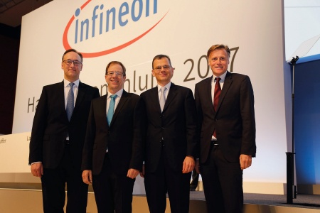 The Executive Board of Infineon Technologies AG at the Annual General Meeting 2017: Dr. Helmut Gassel, Dr. Reinhard Ploss, Dominik Asam, Jochen Hanebeck (from left to right).