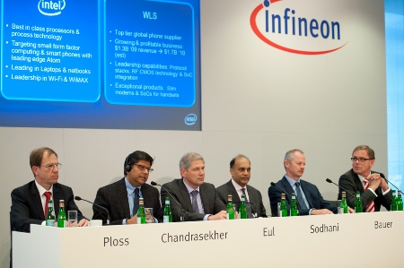 Joint Press Conference of Infineon and Intel, August 30, 2010: "Infineon Sells Wireless Solutions business to Intel" (from left to right): Dr. Reinhard Ploss, Member of the Management Board, responsible for Operations, and Labor Director at Infineon Technologies AG / Anand Chandrasekher, Senior Vice President and General Manager, Ultra Mobility Group, Intel Corporation / Prof. Dr. Hermann Eul, Member of the Management Board, responsible for Sales, Marketing, Technology and R&D at Infineon Technologies AG  / Arvind Sodhani, Executive Vice President of Intel Corporation and President of Intel Capital / Peter Bauer, CEO of Infineon Technologies AG / Ralph Driever, Corporate Vice President Communications, Infineon Technologies AG
