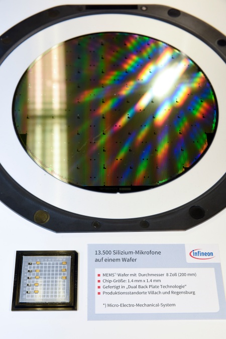 The picture shows a wafer with MEMS-sensors for silicon microphones. High quality microphones significantly improve voice quality of mobile devices.
