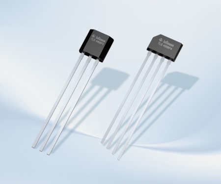 The programmable linear Hall sensors TLE4997 and TLE4998 were designed for use in automotive and industrial applications requiring highly accurate rotation and position detection. They operate within a very broad temperature range of -40 °C to 150 °C. The advanced temperature compensation features implemented in the TLE4997 are further supplemented by stress compensation features in the TLE4998. The picture shows the TLE4998P with PWM in package PG-SSO-3 (left) und PG-SSO-4.