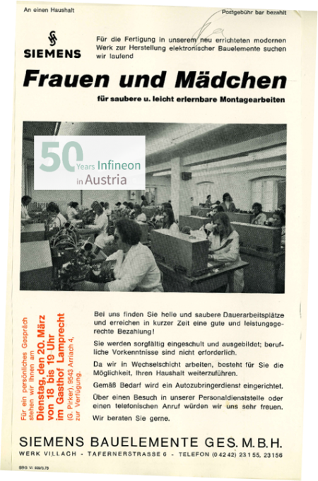 A postal mail urging women to apply for a job at Siemens Bauelemente OHG in Villach