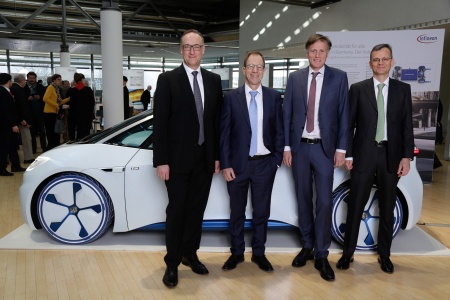 The Executive Board of Infineon Technologies AG at the Annual General Meeting 2019: Dr. Helmut Gassel, Dr. Reinhard Ploss, Jochen Hanebeck, Dominik Asam (from left to right).