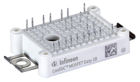 The new EasyDUAL™ CoolSiC™ MOSFET 1200 V modules from Infineon feature an aluminum nitride (AIN) ceramic reducing the thermal resistance to the heat sink (RthJH) by up to 40 percent. The devices come in half-bridge configuration with an on-state resistance (RDS(on)) of 11 mΩ in an EasyDUAL 1B package and 6 mΩ in an EasyDUAL 2B package.