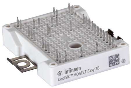 Infineon’s EasyPACK™ 2B CoolSiC™ 1200 V comes in 3-level Active NPC (ANPC) topology and integrates CoolSiC™ MOSFETs, TRENCHSTOP™ IGBT7 devices, and an NTC temperature sensor along with PressFIT contact technology pins. With its improved pin positioning, the module ensures short and clean commutation loops with reduced stray module inductances. Its optimized layout enables excellent thermal conduction.
