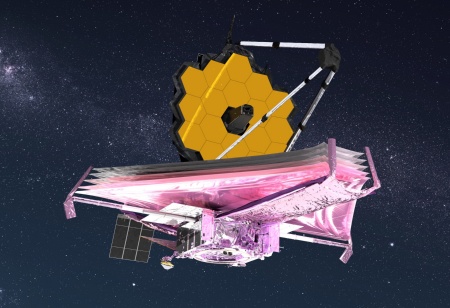 Das James-Webb Weltraumteleskop kommt voraussichtlich 1,5 Millionen Kilometer von der Erde entfernt zum Einsatz. IR HiRel, ein Unternehmen der Infineon Technologies AG, lieferte strahlungsharte Komponenten, die für das Projekt einsatzkritisch sind. (Credit Illustration: Courtesy NASA GSFC/CIL/Adriana Manrique Gutierrez)