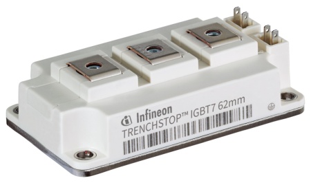 Based on the new micro-pattern trench technology from Infineon, the 62mm module family with the 1200 V TRENCHSTOP IGBT7 chip has significantly lower static losses compared to the modules with the IGBT4 chipset. This results in significant loss reduction in applications, especially in industrial drives that typically operate at moderate switching frequencies.