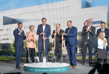 Groundbreaking (from left to right): Michael Kretschmer, Prime Minister of the Free State of Saxony; Ursula von der Leyen, President of the European Commission; Jochen Hanebeck, CEO of Infineon Technologies AG; Olaf Scholz, Federal Chancellor of the Federal Republic of Germany; Dirk Hilbert, Mayor of Dresden; Rutger Wijburg, Member of the board and Chief Operations Officer of Infineon Technologies AG; Carsten Schneider, Minister of State and and Federal Government Commissioner for Eastern Germany; Emma, Co-Moderator 