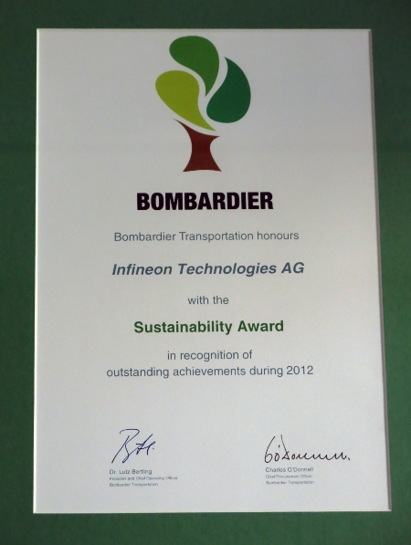 Infineon erhält Preis für Nachhaltigkeit von Bombardier Transportation