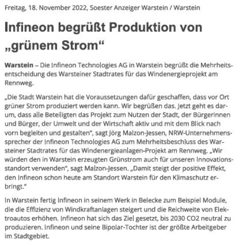 Zeitungsartikel im Soester Anzeiger: Infineon begrüßt Produktion von „grünem Strom