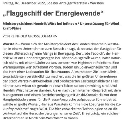 Zeitungsartikel im Soester Anzeiger: Flaggschiff der Energiewende